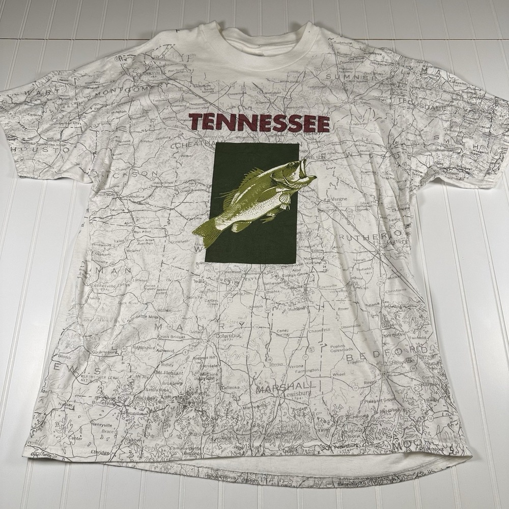 Vintage Hanes Beefy Tennessee Fishing T-Shirt Size XL Map AOP